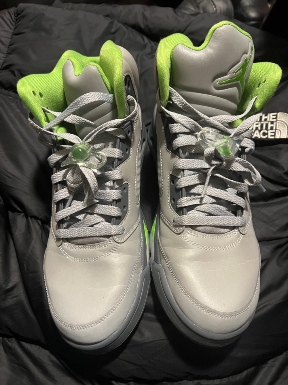 JORDANS  5's Nike Grey and Neon Green High Top Basketball Sneakers